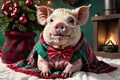 Pig in festive bow-tie on cozy holiday blanket