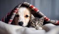 heartwarming scene captures the essence of pet companionship as a cute dog and cat snuggle under a cozy blanket. Royalty Free Stock Photo