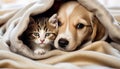 heartwarming scene captures the essence of pet companionship as a cute dog and cat snuggle under a cozy blanket. Royalty Free Stock Photo