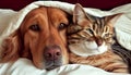 Generative AI, Furry Best Friends: A Cat and Dog Cuddle Up on a Cozy Bed Royalty Free Stock Photo