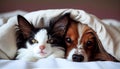 Generative AI, Furry Best Friends: A Cat and Dog Cuddle Up on a Cozy Bed Royalty Free Stock Photo