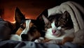 Generative AI, Furry Best Friends: A Cat and Dog Cuddle Up on a Cozy Bed Royalty Free Stock Photo