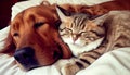 Generative AI, Furry Best Friends: A Cat and Dog Cuddle Up on a Cozy Bed