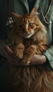 a vet cradles a sweet maine coon cat in her hands gently, providing tender care