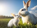 A smiling white rabbit mother playing with her baby in an affectionate moment, blurred green grass and blue sky, generative AI