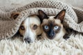 A heartwarming scene: a dog and cat peek from beneath a cozy grey knitted blanket Royalty Free Stock Photo