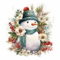 Snowman Surrounded by Winter Flowers