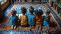 Teacher Reading Fairy Tales to Young Diverse Children in a Cozy Library Setting Surrounded by Books