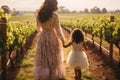 A heartwarming scene of a mother and daughter happily walking side by side amidst lush green vines in a serene vineyard, A