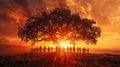 Unity at Sunset: People Holding Hands Around a Majestic Tree Royalty Free Stock Photo