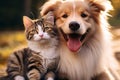 In a heartwarming scene, a puppy, dog, and kitten smile together