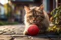 cute kitty cat playing with ball outdoor