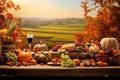 A heartwarming Thanksgiving background. Autumn landscape with golden leaves. A table adorned with an abundant harvest, a