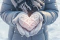 Heartwarming touch Womens hands in gray mittens form a snowy heart