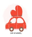 Heartwarming Valentine Cartoon. Cute Kawaii Car in Red and Pink Theme with Heart in Flat Design