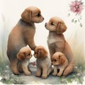 Family of adorable dogs and puppies. Mother. Father. Watercolor. Storybook. Nursery. Ai generated