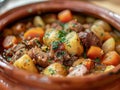 A hearty beef stew cooked with tender chunks of beef, potatoes, carrots, and herbs,served in a rustic clay pot. Royalty Free Stock Photo