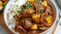 Hearty beef stew in a wooden bowl with potatoes and garnished with parsley Royalty Free Stock Photo