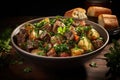 A hearty bowl of beef stew, brimming with tender chunks of meat, root vegetables, and herbs served with bread. generative ai