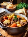 A hearty bowl of beef stew filled with potatoes carrots and other flavorful veggies.. AI generation