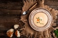 A hearty bowl of cheese cream soup with chicken. homemade healthy organic diet fresh food meal dish soup lunch, top view