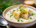 hearty bowl of Cullen Skink, a traditional Scottish soup, served with grilled bread on a rustic wooden table, suggesting a