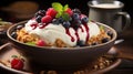 Hearty bowl of granola with creamy yogurt, mixed berries, and a drizzle of syrup, accompanied by fresh mint, on a rustic wooden