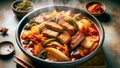 A hearty bowl of Pork and Kimchi Stew, a staple of Korean food, brimming with tender pork