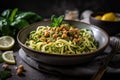 hearty bowl of zucchini pasta with pesto and chickpeas