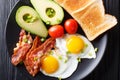 Hearty breakfast: fried eggs with bacon, avocado, toast and toma Royalty Free Stock Photo