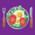 A hearty breakfast of fried eggs and fresh vegetables. Vector illustration. Eating on a plate is a top view. Served