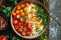 Hearty Breakfast of Fried Eggs and Tomatoes extreme closeup. Generative AI