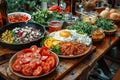 Hearty Breakfast of Fried Eggs and Tomatoes extreme closeup. Generative AI