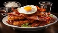 Hearty breakfast plate with crispy bacon and fried eggs, garnished with fresh herbs