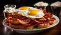 Hearty breakfast plate with crispy bacon and fried eggs, garnished with fresh herbs