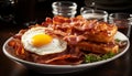 Hearty breakfast plate with crispy bacon and fried eggs, garnished with fresh herbs