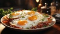 Hearty breakfast plate with crispy bacon and fried eggs, garnished with fresh herbs