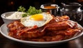 Hearty breakfast plate with crispy bacon and fried eggs, garnished with fresh herbs