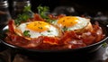 Hearty breakfast plate with crispy bacon and fried eggs, garnished with fresh herbs