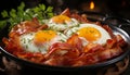 Hearty breakfast plate with crispy bacon and fried eggs, garnished with fresh herbs