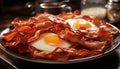 Hearty breakfast plate with crispy bacon and fried eggs, garnished with fresh herbs