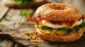 Hearty Breakfast Sandwich on a Bagel with Egg Bacon and Cheese Royalty Free Stock Photo