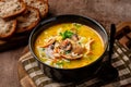 Hearty chicken mushroom soup with wild rice, parsley in a dark bowl. Royalty Free Stock Photo