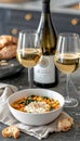 Hearty Chickpea And Spinach Stew With Creamy Yogurt Topping Served With White Wine On A Rustic Table