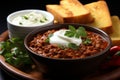 Hearty chili bowl with cornbread and sour cream, in ultra wide angle, under the dusky sky
