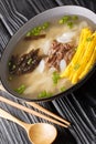 Hearty and comforting Korean rice cake soup Tteokguk closeup in the bowl. Vertical Royalty Free Stock Photo