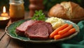 Hearty corned beef dinner with mashed potatoes and carrots. Tender meat, root vegetables, and bread served on a rustic table with Royalty Free Stock Photo