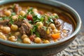 A hearty, delicious bowl of stew filled with tender chunks of meat and a variety of fresh, colorful vegetables, A warm, comforting Royalty Free Stock Photo