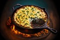 hearty dinner meal shepherds pie with cheese and minced meat in cast iron form