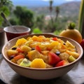 Fruit salad in a large ceramic serving bowl